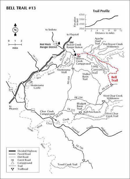 Map of Bell Trail #13 and Wet Beaver Creek near Sedona Arizona