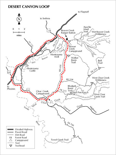 Map of Desert Canyon Loop scenic drive showing Forest Road 618, State Route 260 and nearby recreation areas