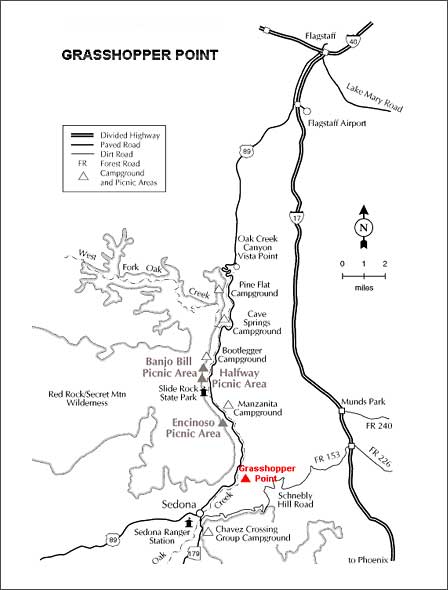 Map showing Grasshopper Point along Oak Creek north of Sedona Arizona