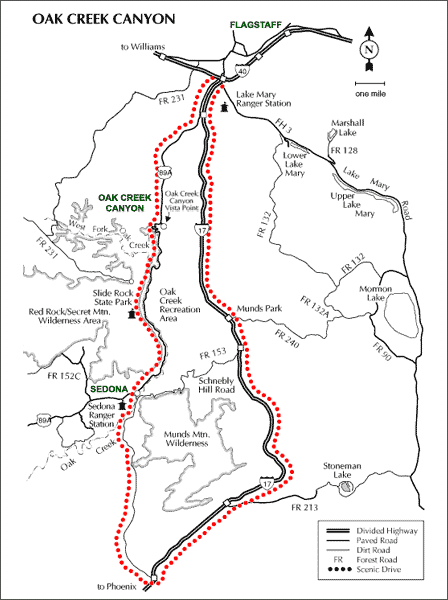 Map of the Oak Creek Canyon scenic drive between Sedona and Flagstaff Arizona