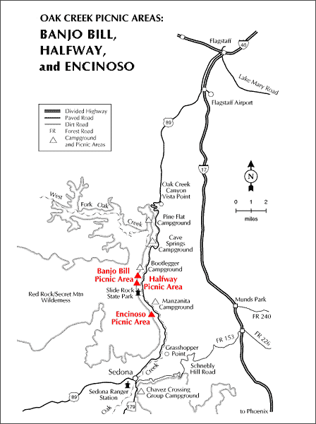 Map of Banjo Bill Halfway and Encinoso picnic areas in Oak Creek Canyon near Sedona