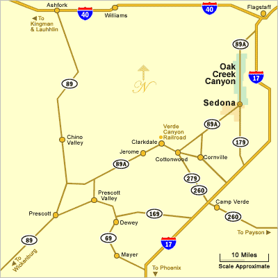 Map showing locations of Prescott, Prescott Valley, Chino Valley, Camp Verde, Jerome, Clarkdale, Flagstaff, Sedona and towns in the Verde Valley of Arizona.