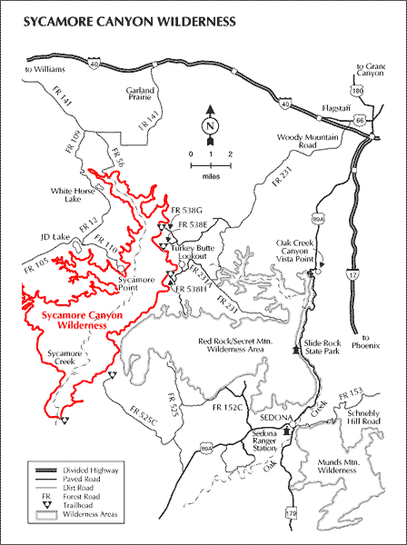 Map of Sycamore Canyon Wilderness and surrounding Arizona trails