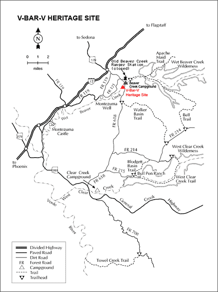 Map showing the location of V-Bar-V Heritage Site near Sedona and Camp Verde Arizona