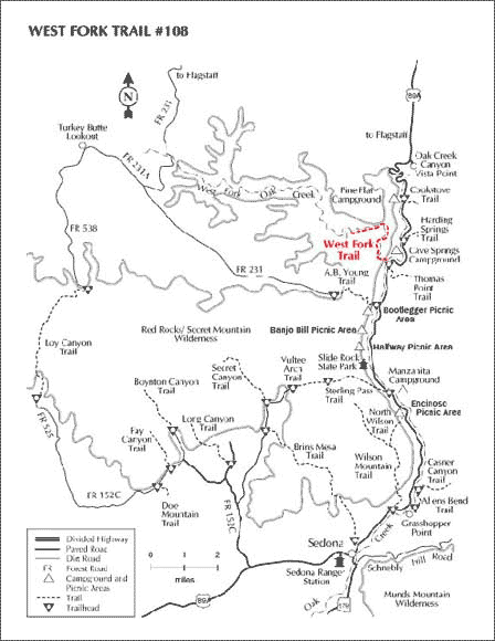 Map of West Fork Oak Creek Trail No. 108 in Oak Creek Canyon